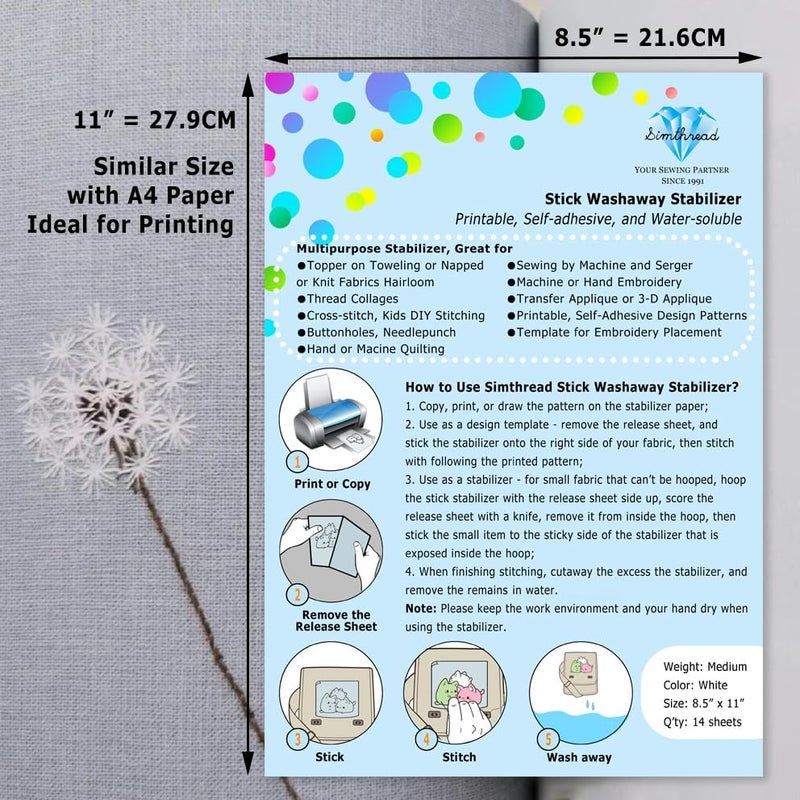 simthread Sticky Wash Away Embroidery Stabilizer Self-Adhesive Printable A4 Size Paper Stabilizer Medium Weight 1.4OZ 8.5" x 11" 14pcs / Pack - Image 4